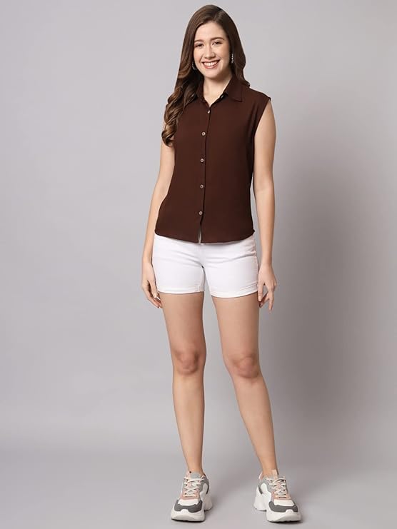 Women's Cotton Blend Regular Fit Solid Casual Sleeveless Shirt