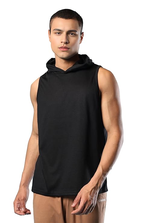 Men's Cotton Blend Regular Fit Sleeveless Gym Wear Solid Stylish Hoodie Round Neck T Shirt