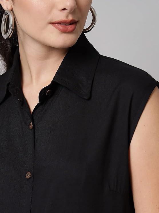 Women's Cotton Blend Regular Fit Solid Casual Sleeveless Shirt