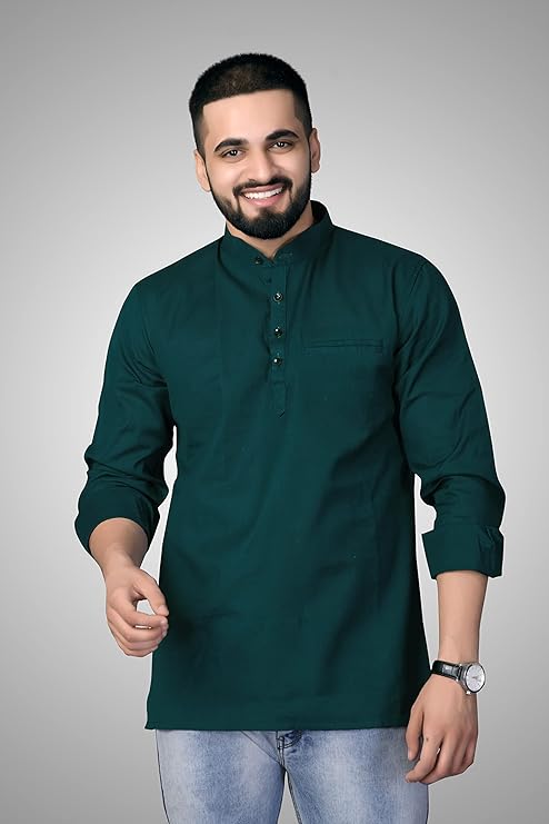 Cotton Blend Solid Casual Regular Fit Mandarin/Chinese Collar Short Kurta for Men