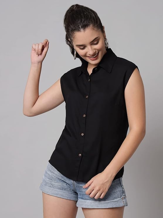 Women's Cotton Blend Regular Fit Solid Casual Sleeveless Shirt