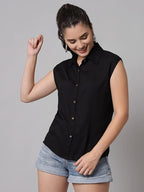 Women's Cotton Blend Regular Fit Solid Casual Sleeveless Shirt