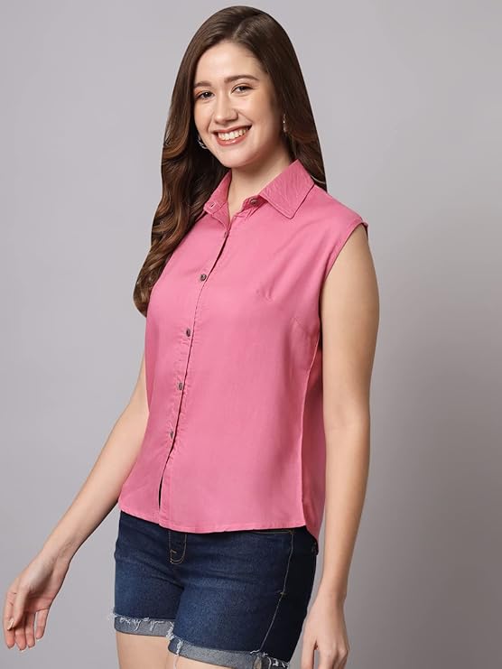 Women's Cotton Blend Regular Fit Solid Casual Sleeveless Shirt