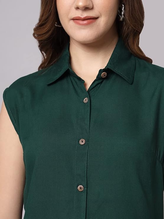 Women's Cotton Blend Regular Fit Solid Casual Sleeveless Shirt