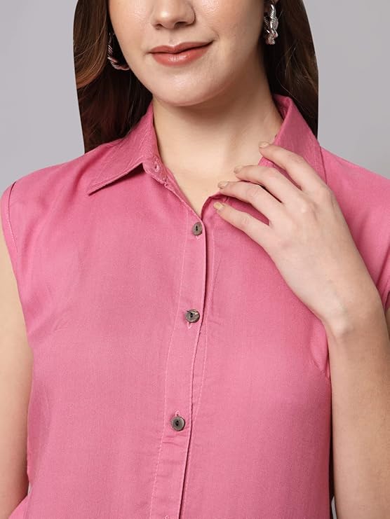 Women's Cotton Blend Regular Fit Solid Casual Sleeveless Shirt