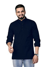 Cotton Blend Solid Casual Regular Fit Mandarin/Chinese Collar Short Kurta for Men