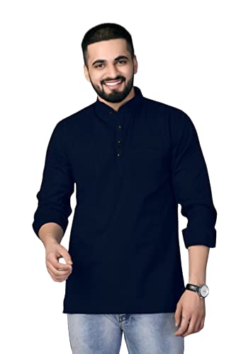 Cotton Blend Solid Casual Regular Fit Mandarin/Chinese Collar Short Kurta for Men