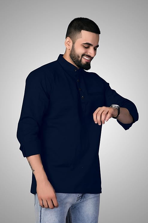 Cotton Blend Solid Casual Regular Fit Mandarin/Chinese Collar Short Kurta for Men