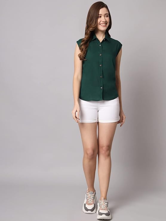 Women's Cotton Blend Regular Fit Solid Casual Sleeveless Shirt