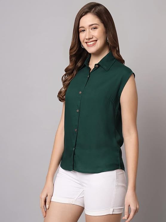 Women's Cotton Blend Regular Fit Solid Casual Sleeveless Shirt