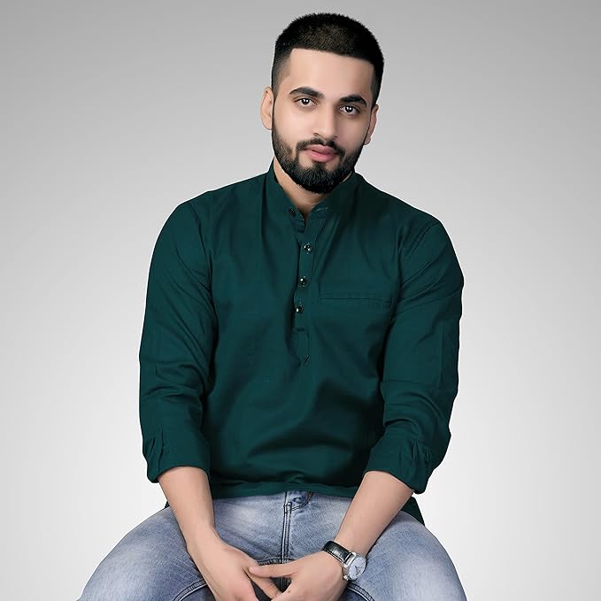 Cotton Blend Solid Casual Regular Fit Mandarin/Chinese Collar Short Kurta for Men
