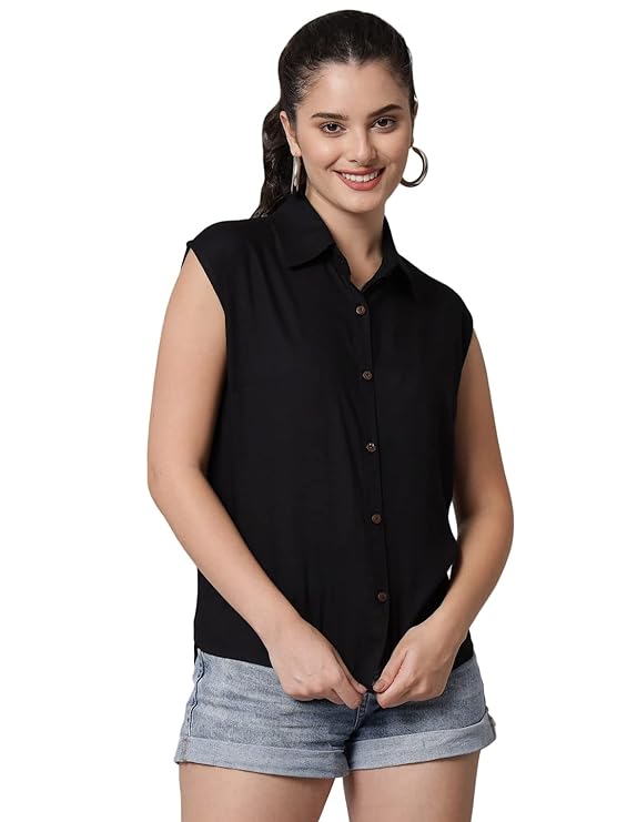 Women's Cotton Blend Regular Fit Solid Casual Sleeveless Shirt