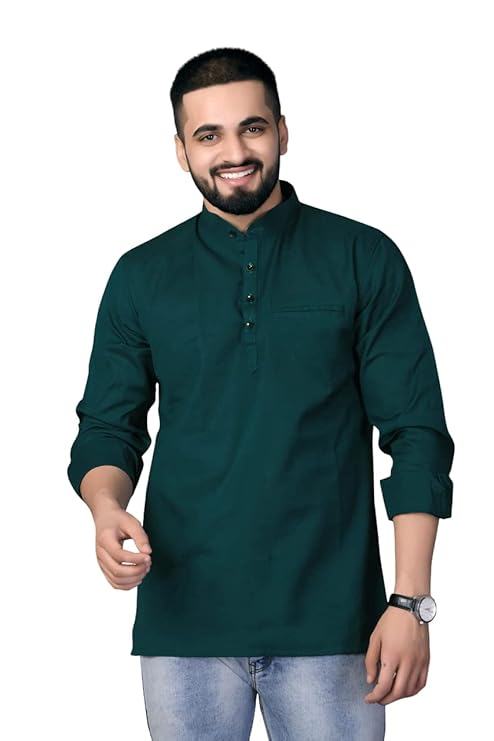 Cotton Blend Solid Casual Regular Fit Mandarin/Chinese Collar Short Kurta for Men