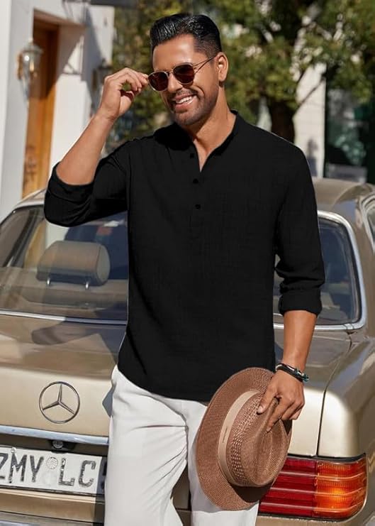 Cotton Blend Solid Casual Regular Fit Mandarin/Chinese Collar Short Kurta for Men