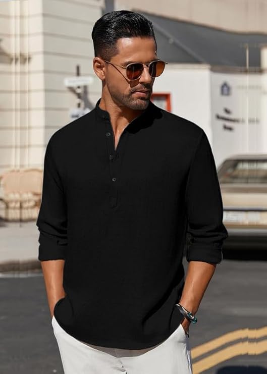 Cotton Blend Solid Casual Regular Fit Mandarin/Chinese Collar Short Kurta for Men