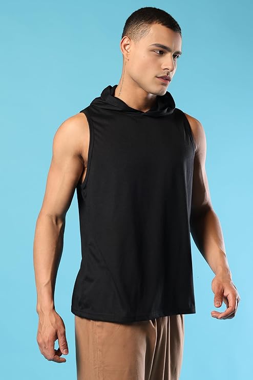 Men's Cotton Blend Regular Fit Sleeveless Gym Wear Solid Stylish Hoodie Round Neck T Shirt