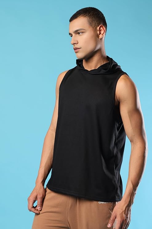 Men's Cotton Blend Regular Fit Sleeveless Gym Wear Solid Stylish Hoodie Round Neck T Shirt