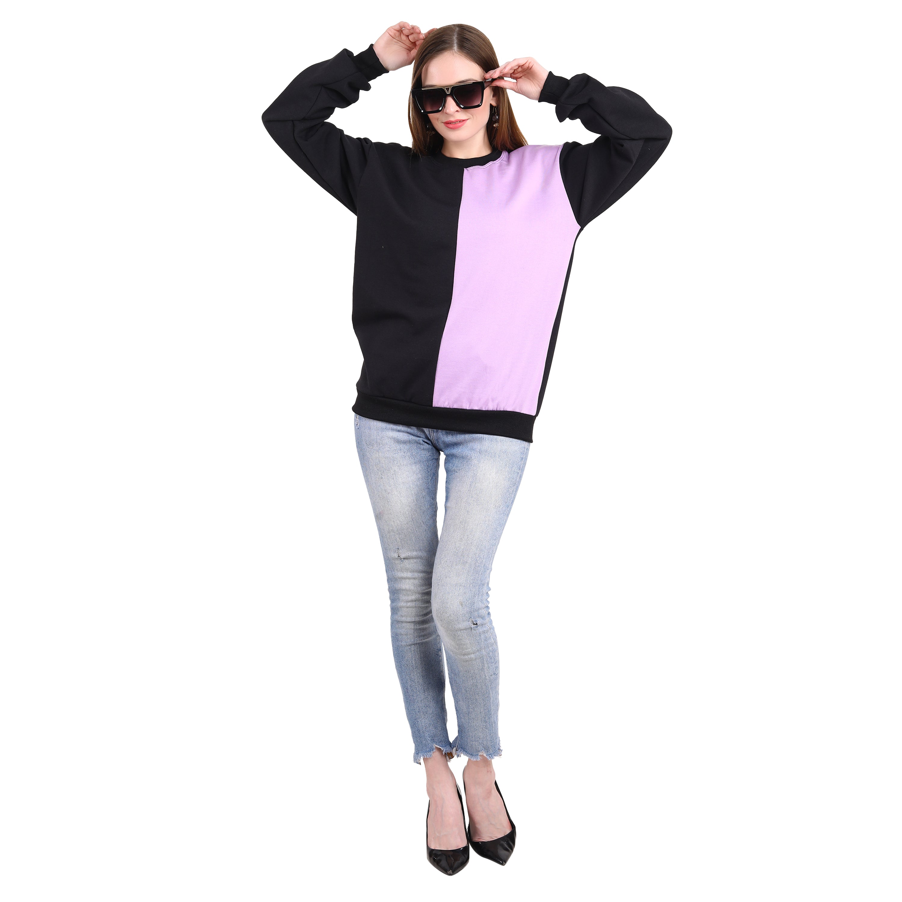 Casual Trendy Stylish Latest Fleece Fabric Dual Tone Sweatshirt For Women