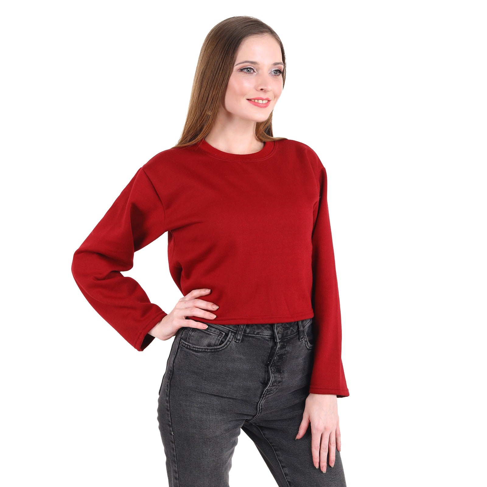 Casual Trendy Stylish Latest Fleece Fabric Crop Sweatshirt For Women